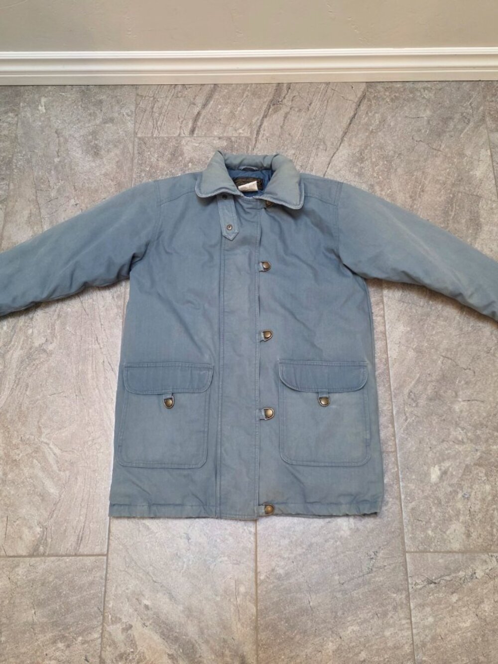 Vintage Eddie Bauer Coat Women medium Blue Goose Down Wool Lined Pockets Hood